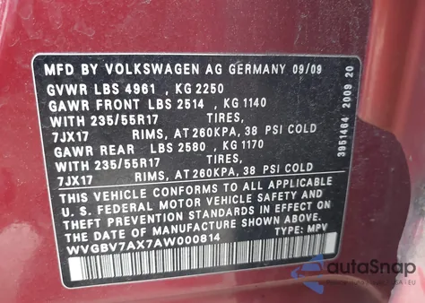 2010 Volkswagen Tiguan Se из США, поврежденный, VIN WVGBV7AX7AW000814